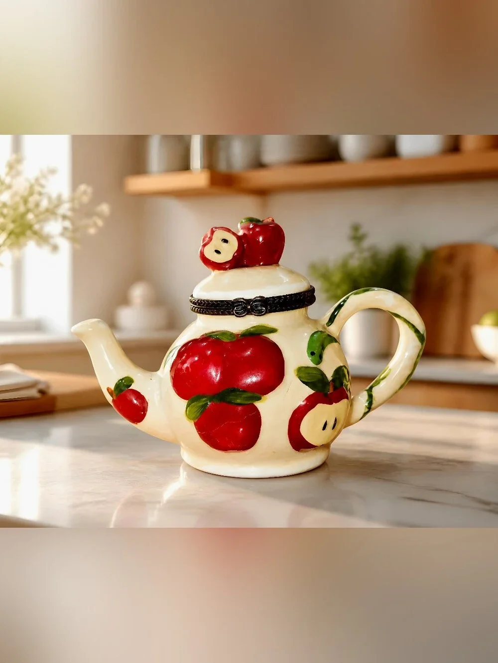 Miniature Hand-Painted Apple Teapot Hinged Trinket Box